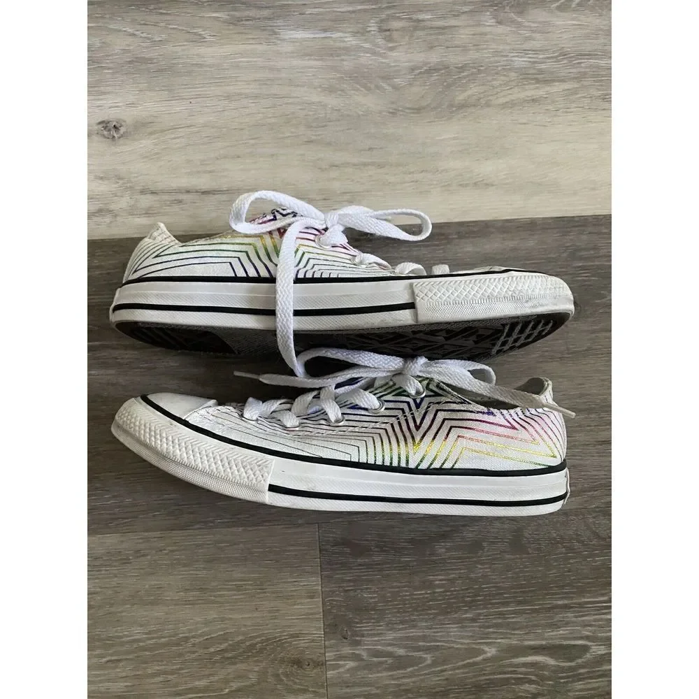 Converse Shoes Youth 3 Rainbow Star Sneakers White Canvas Low Top Casual 665398F